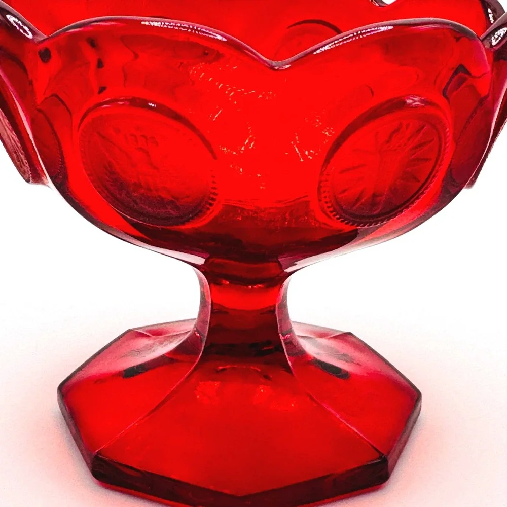 Fostoria Coin Glass Ruby Red Footed Compote Candy Dish UV Reactive Vintage